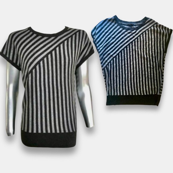 Banana Republic Fine Italian Merino Sweater Diagonal Striped Short Sleeve Top M - Picture 3 of 15